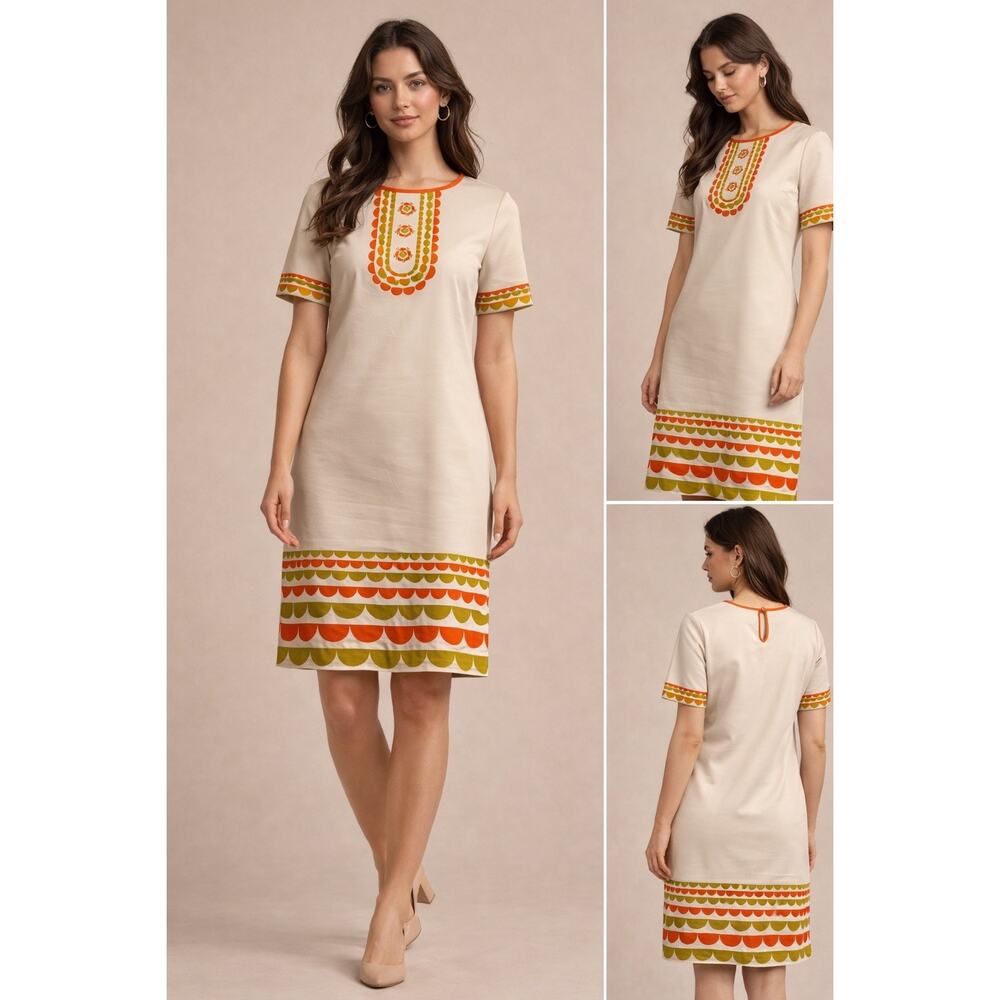 Dear Creatures Retro Shift Dress Size M Cream Orange Green Mod